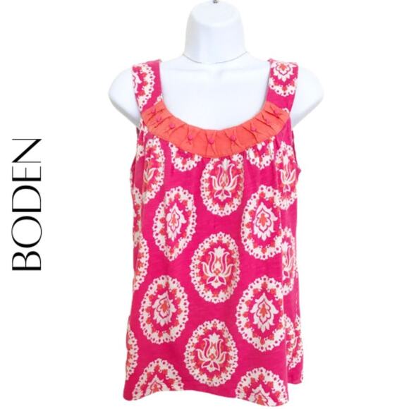BODEN Zoey Orange & White Print Tank Top With Beaded Neckline, 8 (M) - Picture 1 of 9